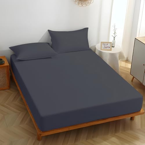 MIKI WELL King Size Fitted Sheet Deep - Dark Grey Bottom Sheet Extra Deep Pocket 16 inch 40 cm, Soft Microfiber Kingsize Bed Sheet Wrinkle Resistant & Breathable