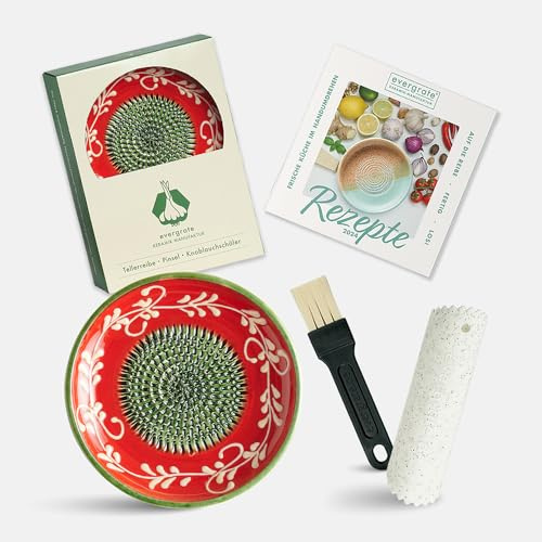 Evergrate® Keramikreibe Fernando mit Geschenkbox – mit Reibe, Knoblauchschäler, Rezeptheft & Pinsel – Handgefertigt für Ingwer, Knoblauch & mehr – Spülmaschinenfest & langlebig
