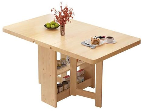 Klappbarer Küchentisch aus massivem Holz, Esstisch mit Klappblatt und 2-lagigem Ablagefach, vielseitiger ausziehbarer Couchtisch, in 3 Formen faltbar