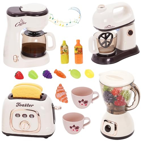 Pretend Play Kitchen Appliances Toy Set with Realistic Sounds Role Pretend Play Kitchen Accessories Set with Coffee Maker Machine,Blender, Mixer and Toaster for Kids Toddlers Boys Girls Ages 3+