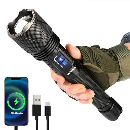 70W XHP360 Rechargeable Tactical Flashlight, 10000 Lumen High Power Zoomable Super Bright LED Flash Light with USB Output, Large Capacity Dual Powered IPX5 Waterproof for Emergencies, Camping, Hunting
