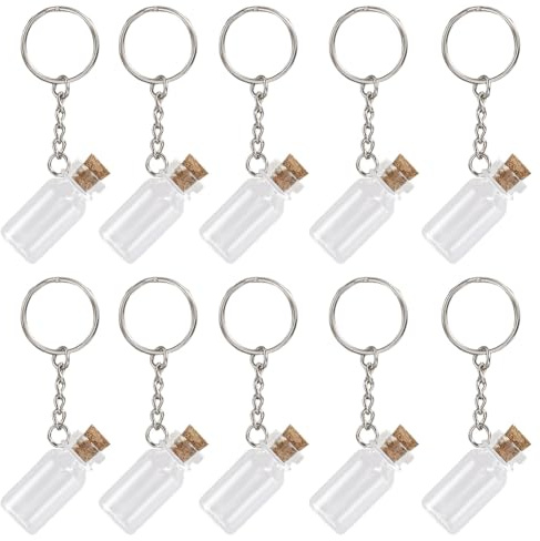 SUNNYCLUE 1 boîte de 10 petites Bouteilles en Verre avec Porte Clés Flacons en Verre avec Bouchon Bouteilles de Potion de 2 ml Mini Pots à Sorts Argentés Flacons à Souhaits pour Bricolage Décoration d