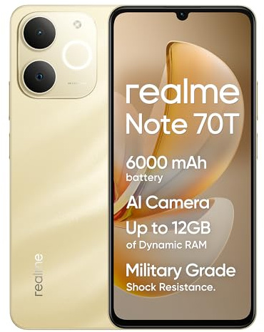 realme Smartphone Note 70T,4+64GB, Batería De 6000mAh, Diseño Ultrafino de 7,94 mm, IP54 Protección ArmorShell, Next AI, Sin Cargador, Oro