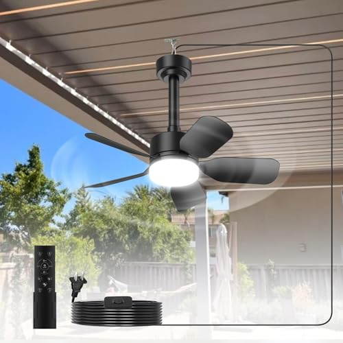 Leichter und ferngesteuerter kleiner Deckenventilator, 50,8 cm, 30 W, 2000 Lumen, 3 Farben, 3000 K-6500 K, für Terrassen, Pavillons und Überdachung, 6 Geschwindigkeiten, Outdoor-Ventilatoren, Garagen