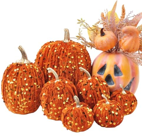 Konstgjorda pumpkiins höstdekoration, 7 st blandade storlekar skum fuskpumpor, orange falsk pumpa, höst skörd pumpor, mittpunkt för höst skörd Thanksgiving halloween festdekorationer