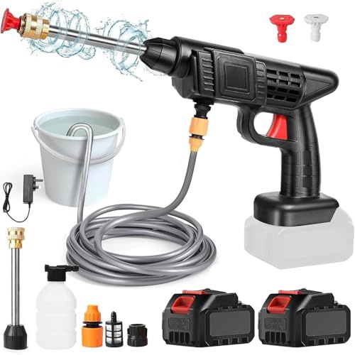 Nettoyeur Haute Pression sans Fil 30bar, 6000mah Nettoyeur Haute Pression sur Batterie, avec 2 Batteries et Tuyau de 5M, 435PSI Pistolet à Eau Haute Pression pour Jardin et Voiture (2 Batteries)