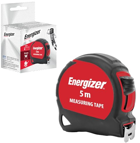 Energizer - Mètre Ruban 5 Mètres Système métrique - Noir et Rouge - Bi Matière Tylon - Boitier Ergonomique - Ruban en Acier Laqué avec crochet 19mm - Blocage Du Ruban - Retour Automatique