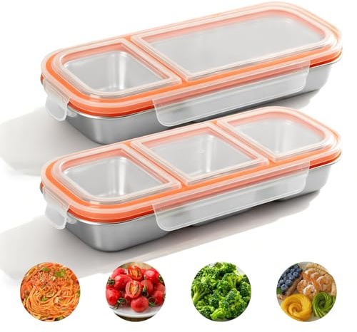 GOMETY 2 stycken snackslåda i rostfritt stål, återanvändbara snacksbehållare med 3 fack/2 fack, läckagesäker snacklåda med lock, snackskål på resan, metall lunchlåda för camping lunch dessert