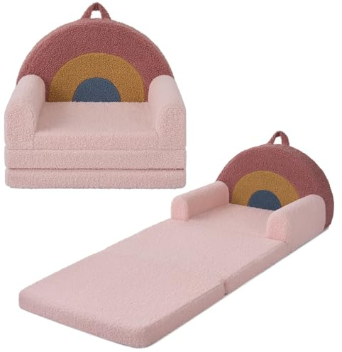 Blissful Diary Foldable Toddler Couch, 2-in-1 Comfy Toddler Chair & Lounger for Reading, Playroom, Kids Couch Sofa for Girls Boys Birthday Gift, Blush Rainbow