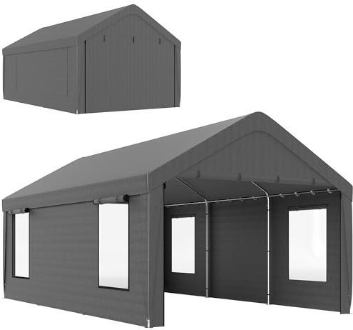 Outsunny Carpa Garaje Portátil 6x3,6 m, Garaje Exterior para Coche Impermeable, Cobertizo de Almacenamiento Anti-UV, con Paredes Laterales Desmontables y 2 Puertas con Cremallera, para Coche, Gris