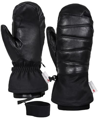 Harssidanzar Manoplas de esquí de Cuero para Hombre y Mujer,Guantes térmicos Impermeables y aislantes para Exteriores Fabricados en Piel de Cabra KM066EU,Negro,Tamaño M