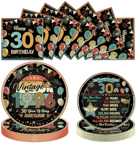 Luvart 30th Birthday Plates and Napkins Party Decorations, 72PCS Vintage Happy 1996 Birthday Tableware Set, 30 Year Old Birthday's Party Decor for Women Men Her Him 24 Guests