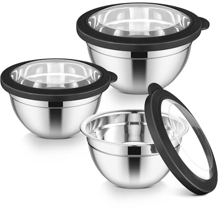 Herogo Edelstahl Rührschüssel 3er Set mit Sichtbarem - Schwarz | Metal Salatschüssel, luftdichtem Deckel, Küche Schüssel zum Backen/Kochen, 1,2L/3L/4,5L Leicht zu verstauen Spülmaschinenfest