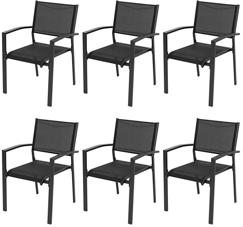 Avestar 6er-Set Gartenstühle stapelbar, atmungsaktiv, aus Textilene-Gewebe und Pulverbeschichtetem Eisenrahmen, Stapelstuhl, Esszimmerstühle, für Terrasse, Garten und Balkon, Schwarz