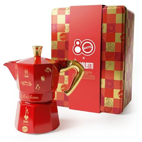 Bialetti Moka Express 3 Cup (130ml) Mattel Edition Eightieth Collectible Coffee Maker with Celebrative Tin - Made of Aluminium, Not Induction, Red