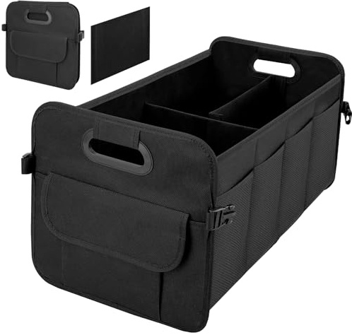 Car Boot Organiser, Foldable Oxford Waterproof Boot Storage Bag with Reinforced Base, Multi-Compartment Collapsible Trunk Tidy Box, Sturdy Car Accessories for SUVs & Saloons, Men & Women (Black)