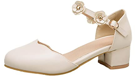 YIzdegg Flicka prinsesskor: Klackskor rund tåhätta klädskor med klack bröllopsskor ankle-Strap högklackade skor eleganta ballerina singel skor andningsbara kläder, Beige, 35 EU