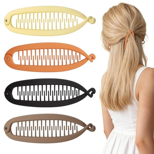 4 Stück Banana Clip,Bananenspange Haare,Vintage Matt Damen Banana Clip Dünnes Dickes Haar,Französische Bananen Haarspangen für Lockiges Oder Glattes Haa Pferdeschwanz Half Up Frisuren(4 Farben)