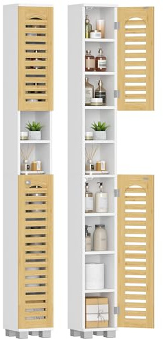 Hzuaneri Badezimmerschrank, Badezimmer Hochschrank, Weiß & Bambus | Badschrank Schmal mit 2 Bambustüren und 2 offenen Fächern, Verstellbare Ablagen, modern, 20 x 20 x 181,5 cm, BC28603X