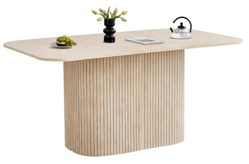 Uderkiny Nordischer Moderner Rechteckiger Esstisch, 160 x 90 x 75 cm, Küchentisch aus MDF mit Beinen im Stil Römischer Säulen Lamellenoptik, Bietet Platz für 4–8 Personen, Gelbe Travertinverkleidung