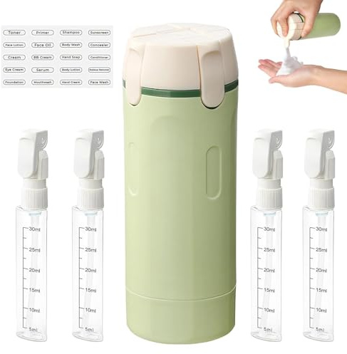 4-i-1 resedispenser, påfyllningsbara reseflaskor, reseflaska med skala och etikett, återanvändbara reseflaskor för schampo, lotion, duschgel, balsam (grön)