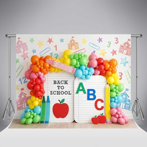 Sfondo fotografico Kate Back to School 10x6.5ft/3x2m con palloncini colorati e quaderno ABC ideale per il primo giorno di scuola dei bambini con accessori per cabina fotografica a tema mela