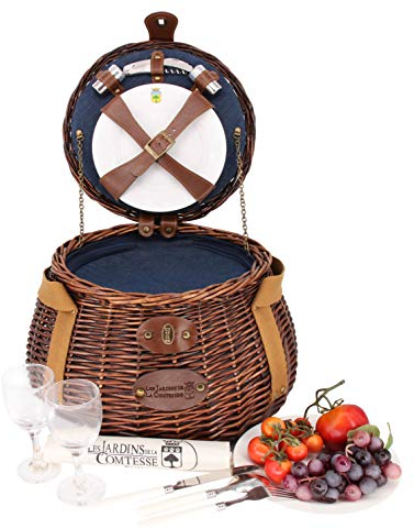 Les Jardins de la Comtesse - Kleiner runder Picknickkorb Tuileries - Komplett für 2 Personen - Feste isotherme Kühlfach - Keramikteller und Weingläser aus Glas - Durchmesser: 43 cm