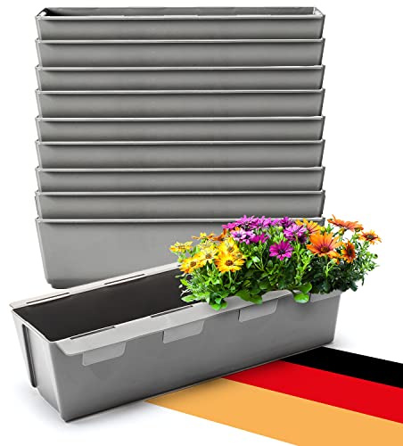 Lot de 10 jardinières avec crochet pour palette - Gris - Dimensions (L x l x H) : environ 37 x 13,5 x 9,5 cm - Idéal pour accrocher et poser - Robuste et résistant aux intempéries