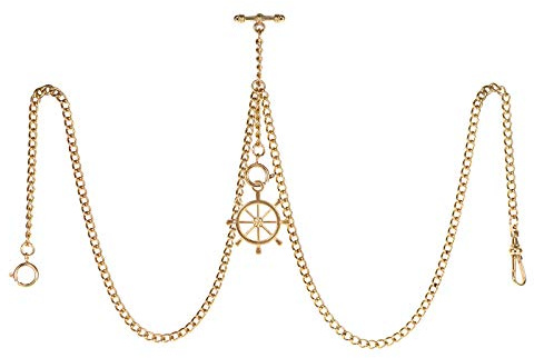 TREEWETO Taschenuhrkette mit T Bar Endstück Gesamtlänge 72cm Doppel Albert T-Bar Taschenuhr Kette mit Antiker Ruder Anhänger und 3 Haken für Weste Knopfloch