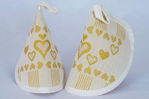 Set 2 presine a cappuccio Tessitura Nagler - Linea Cuori - Giallo - Tessuto Jacquard Misto Cotone 50% e Lino 50% - 15 x 10 cm