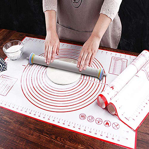 Rouleau à Pâtisserie Silicone avec Anneaux Réglable & Tapis Patisserie de Cuisson Grande Taille 70x50 cm, Rouleau Pâte Rolling Pin Dough Roller, Pastry Kneading Mat Reutilisable Antiadhésif (41)