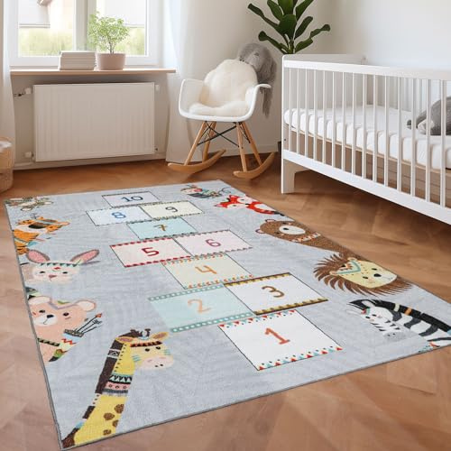 SIMPEX Kinderteppich Grau 120x170 cm Hüpfkästchen Design Modern rutschfest Waschbar Pflegeleicht Extra Weich Antiallergen Babyteppich Kinderzimmer Jungen Mädchen