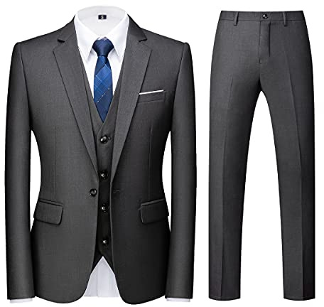 Mens Suits Regular Fit 3 Piece Tuxedo Blazer Jacket Vest Pants Formal Suit Set for Men Wedding Prom Casual Deep Grey