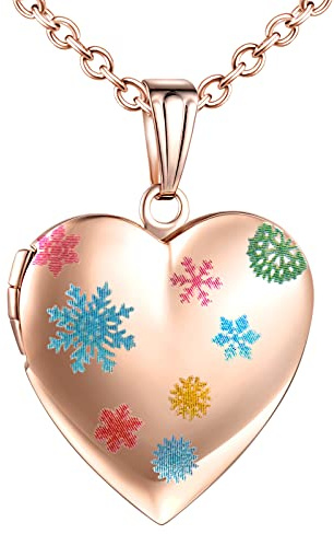 Yumilok Damen Kette Medaillon Kette Foto Schneeflocke Mond Stern Halskette Photo Medaillon Herzanhänger Amulett Anhänger Edelstahl Schmuck für Mädchen
