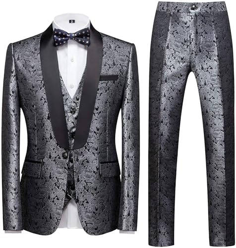 KUDORO Traje para hombre de 3 piezas, corte ajustado, estampado paisley, para boda, fiesta, un botón, smoking, traje de hombre con chaqueta, chaleco y pantalones, Plateado1, XXL