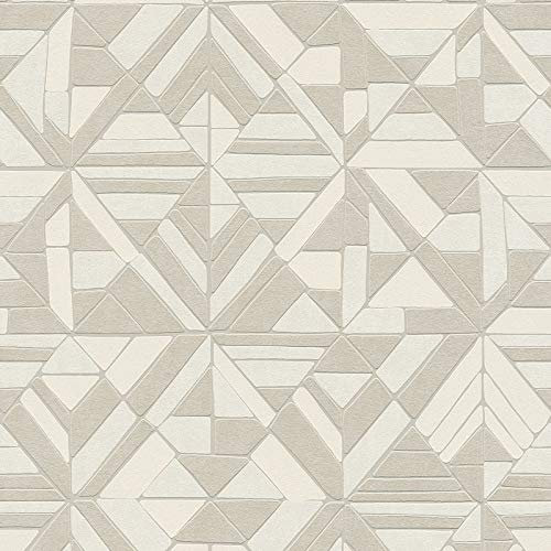 Tapete geometrisch Vlies Retro- Vintagetapete Creme Tapete für Badezimmer Schlafzimmer | Grau Silber Weiß | 10,05 x 0,53 m