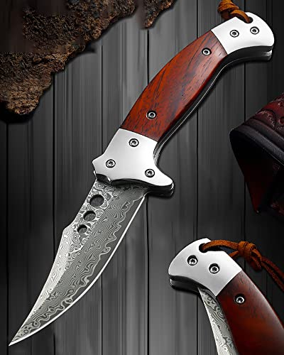 Omesio Couteau de poche Damas couteau pliant Damas, couteau de poche japonais Damas manche en bois Damas pour le camping et la survie en milieu sauvage