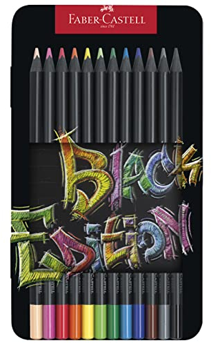 FABER-CASTELL 116413 Black Edition Buntstifte 12er Metallbox, Lebendige Buntstifte, Bruchsichere Kunststifte mit ergonomischem Griff, Malstifte für helles und dunkles Papier