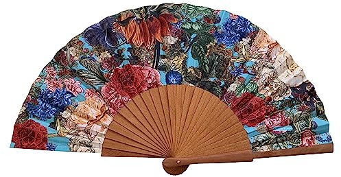 Spanischer Handfächer Triana – Holz und Baumwolle – 23 cm – Etui und Hülle aus Jute – Modeaccessoire – Handgefertigt in Spanien – Events und Geschenke – Blumenkollektion – Tusitala Barcelona