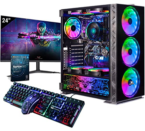 Veno Scorp Gaming PC – 24 Monitor Bundle AMD Ryzen 5 5500 GT1030 2GB, 16GB RAM 3200MHZ DDR4, 1TB HDD 256GB SSD, 500W 80+ PSU, Wifi, Windows 11, NeonZilla 8 ARGB Gaming Case.
