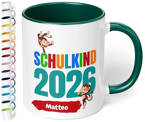 Geschenk zur Einschulung für Mädchen und Jungen: personalisierte Tasse Schulkind 2026 Affen-Motiv mit Namen, Dunkelgrün