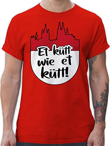 T-Shirt Herren - Karneval & Fasching - Et kütt wie et kütt! rot weiß Skyline I Kölsch Grundgesetz Köln I Echte Kölner - 4XL - Rot - kölsches Tshirt faschingsshirt Faschings Dom