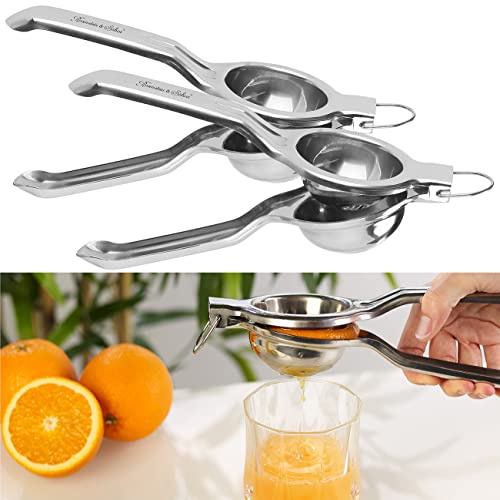 Rosenstein & Söhne Manuelle Zitronenpresse: 2er-Set Manuelle Zitrus- & Saftpresse, polierter Edelstahl 304, Ø 7 cm (Orangenpresse Metall, Bar Zitrus-Saft-Presse, manuell)