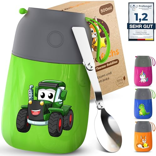 Funkelfuchs® Thermobehälter für Essen Kinder – 500ml, Grün Traktor – 100% auslaufsicher - Warmhaltebehälter Essen Edelstahl – Thermobecher Essen – Thermo Lunchbox Kinder – Warmhaltebehälter Babybrei