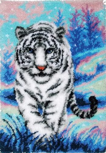 YOOTOM Kit de Tapis de Crochet à Point Noué di Tigre Coussin au Crochets à Loquet Bricolage, Création de Tapis à Crocher pour Adultes et Enfants, Modèle de couleur pré-imprimé, 50x38cm