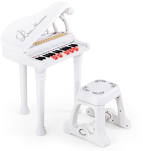 COSTWAY 31-Key Kids Toy Piano, Children Electronic Keyboard with Stool, Microphone, LED Teaching Mode, Recording and Play Function, Toddlers Musical Instrument for Boys Girls (White)