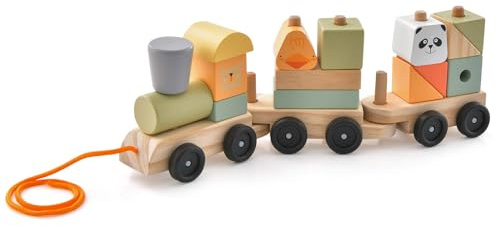COSTWAY Wooden Stacking Train, 3-Section Push & Pull Stacking Toys with Stackable Blocks, Solid Wood Learning Toy Gift for Toddlers (with 15 Blocks, Plastic Wheels & Tow Rope)