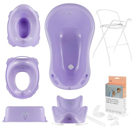 Hylat Baby Set Completo: Bañera estable para bebés con soporte, asiento de baño y desagüe, reductor para WC, orinal y taburete infantil - Yeti Violeta Certificado por TÜV Rheinland Colección Lite