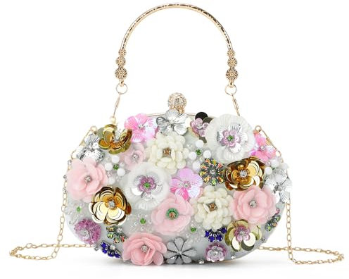 Freie Liebe Clutch mit Blumenmuster für Damen, formelle Perlen-Clutch, Braut-Blume, Abendhandtaschen für Hochzeit, silber