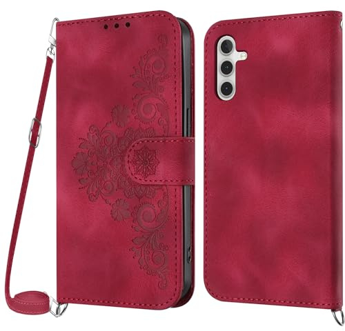 Netany Handykette Hülle für Samsung Galaxy A15, Handyhülle für Samsung A15 Hülle mit Kette Klappbar, PU Leder Necklace Klapphülle und Umhängeband Lanyard Flip Stoßfest Schutzhülle mit Band (Rot)